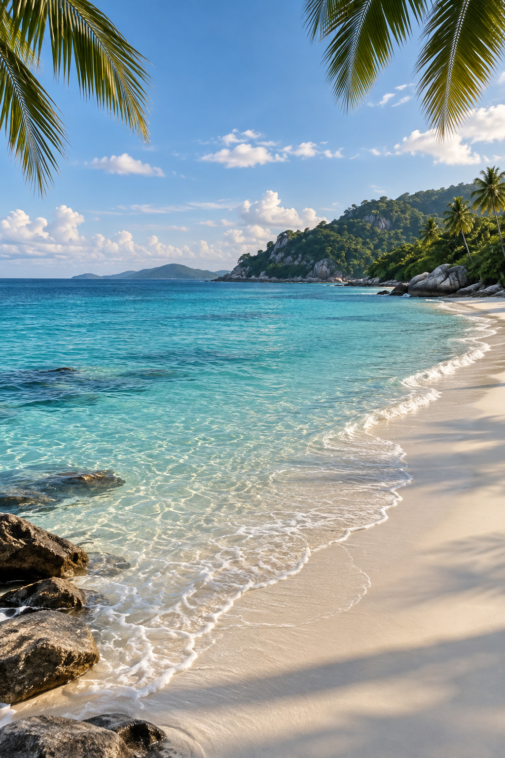 A turquoise cove with white sand and palm trees