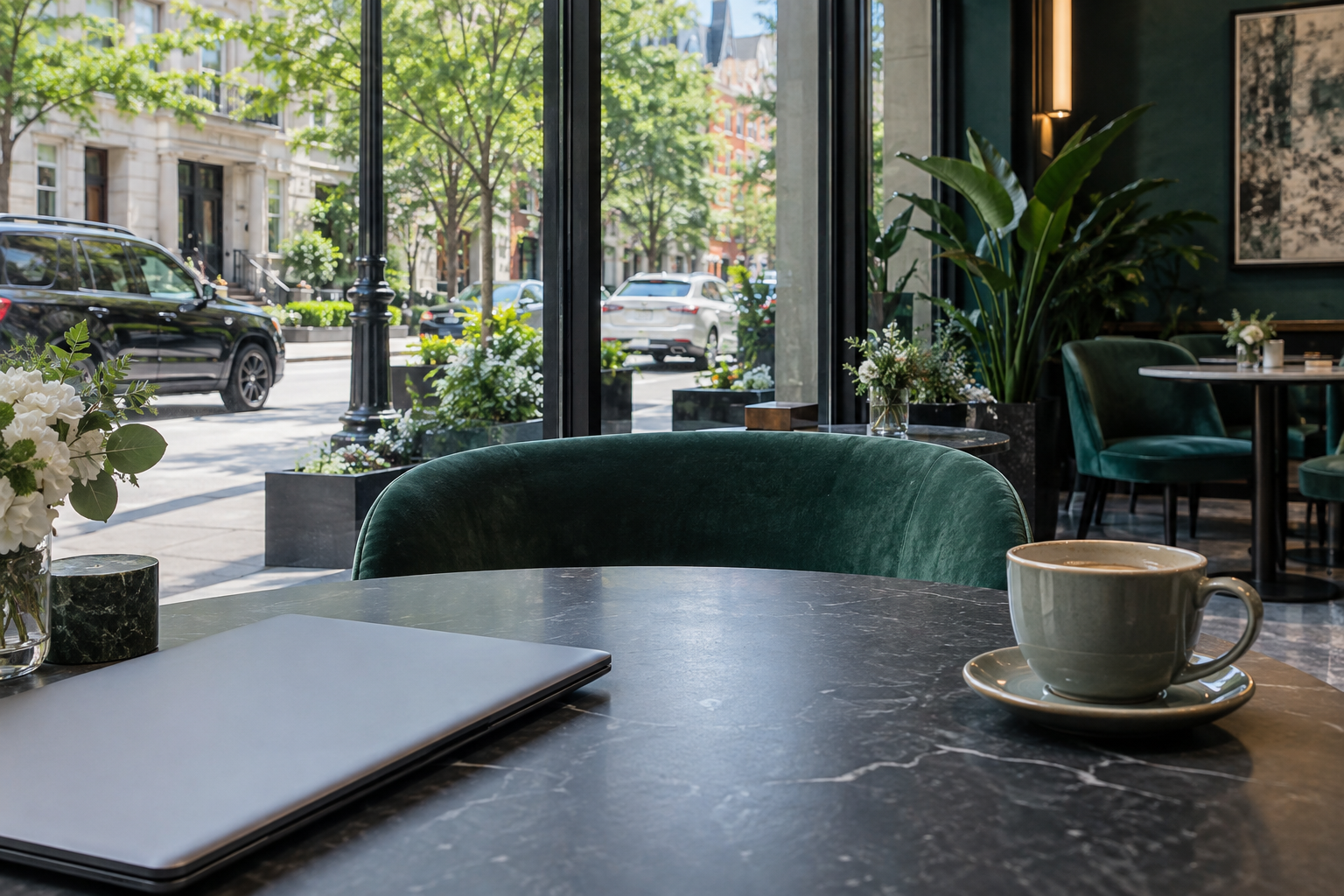 A quiet cafe table beside a city window
