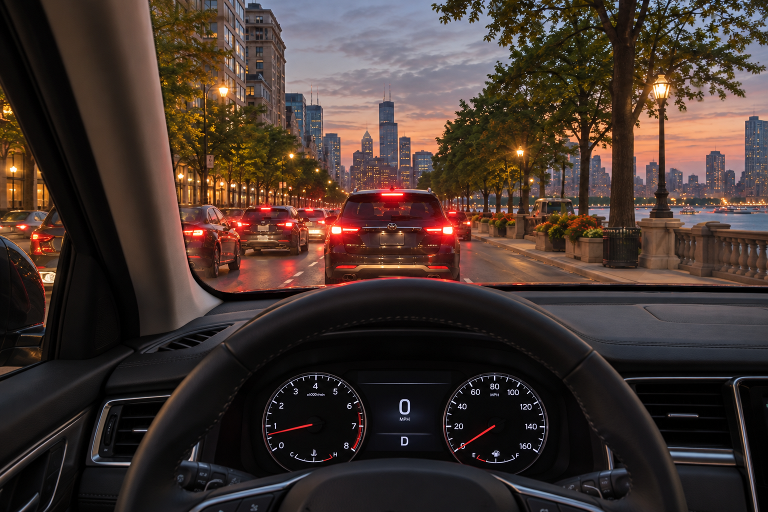 Driver's view of the steering wheel and evening traffic