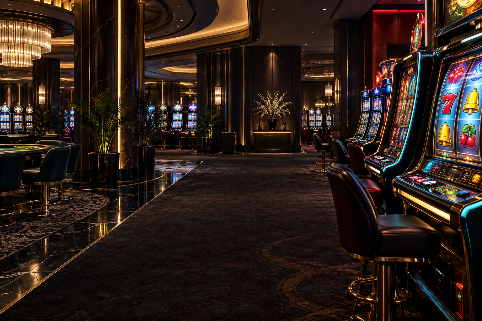 Illuminated slot machines in an elegant casino