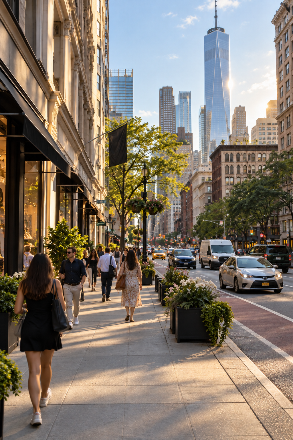 Downtown sidewalk with pedestrians and naturally spaced mixed cars