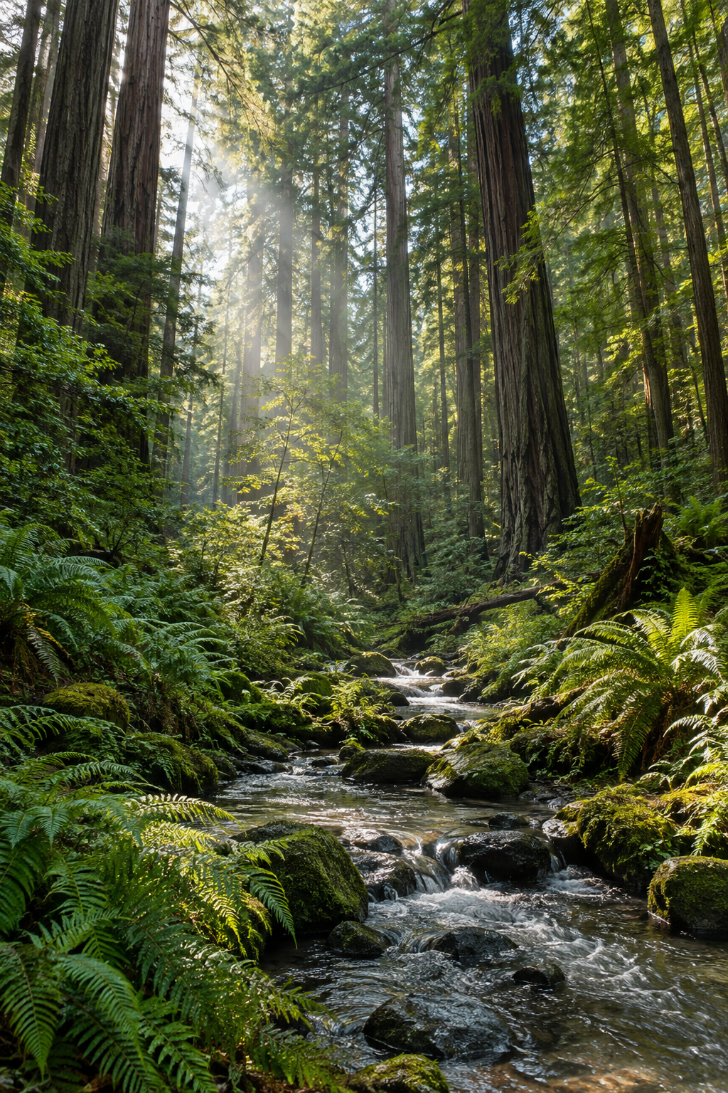 Sunlight through a green redwood forest